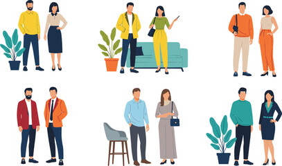 Business people flat vector illustration, modern office outfits, casual and formal clothing styles, diverse men and women standing poses, fashion and workplace design elements