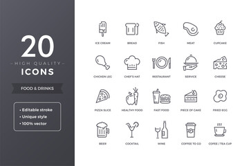 Stylish food and drinks icons for modern culinary branding and restaurant menus.