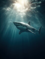 Fototapeta premium great white shark swimming in sunlight underwater