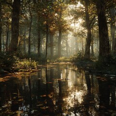 Obraz premium Tranquil forest stream reflecting trees under soft sunlight in autumn