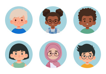A group of six diverse children with cheerful expressions in circular frames. Ideal for school, community or inclusive kids themed content.