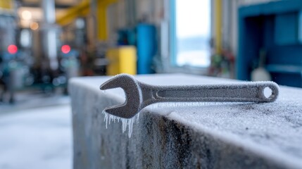 Frozen Wrench Covered in Ice on a Workbench in an Industrial Workshop During Winter