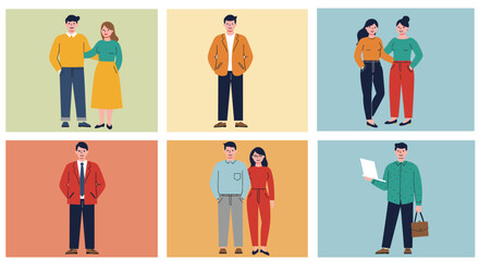 Group outfit illustration set, six stylish character sketches, casual and formal clothing, modern fashion design diversity, urban lifestyle wear, fashion pose reference art