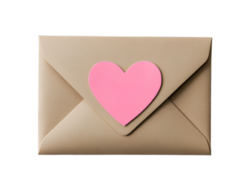 Photo of a heart-shaped envelope on a white background, in a pastel pink and beige style, with a blank space for text. 