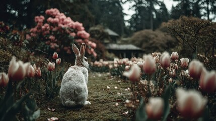 Obraz premium Rabbit Strolling Through a Tranquil Garden Surrounded by Blooming Tulips and Pink Flowers in Spring