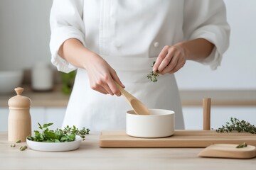 Chef adding fresh thyme leaves to a bowl with a wooden spoon