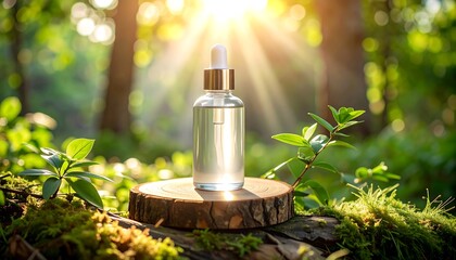 Clear Bottle with Dropper on Wood Slice in Forest Sunlight