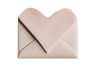 Photo of a heart-shaped envelope on a white background, in a pastel pink and beige style, with a blank space for text.