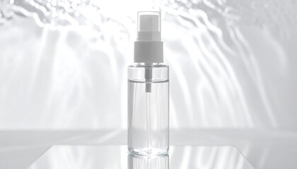 Clear Spray Bottle on Reflective Surface with Water Reflection