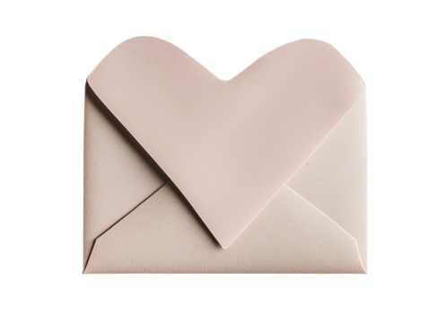 Photo of a heart-shaped envelope on a white background, in a pastel pink and beige style, with a blank space for text.