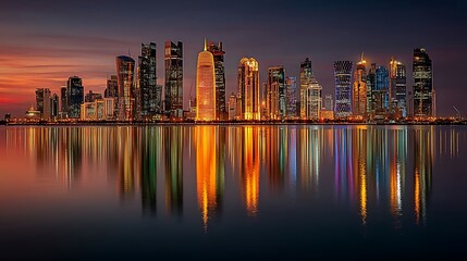 Fototapeta premium the scene is a cityscape at night, dominated by towering skyscrapers illuminated with various colors