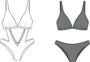 Swimsuit CAD flat sketch, vector fashion illustration, one-piece and bikini set, women’s swimwear design, front views, garment template drawing