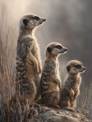 a realistic scene of a family of meerkats meerkat on guard meerkat on the lookout group of meerkat on the lookout