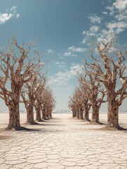 Fototapeta premium drought destroys cultivated plants rows of dry trees on the dry land in summer