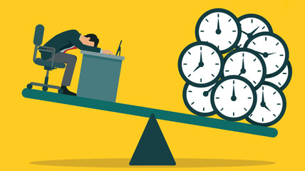 A tired businessman rests his head on his desk as a pile of clocks tips the scales towards overwhelming time pressure.