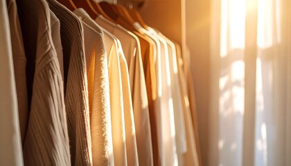 Clothes Hanging in Closet with Sunlight Streaming Through Window