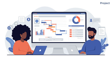 Teamwork collaboration with gantt chart and data analysis on desktop monitor