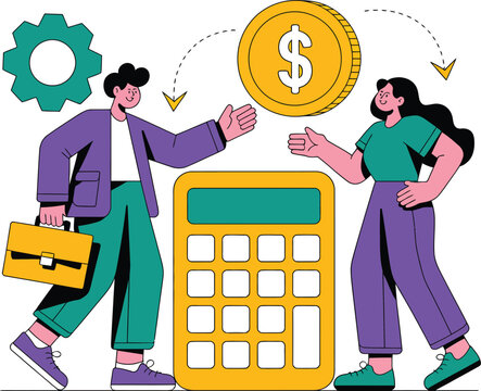 Two people collaborate around a calculator with a coin and gear, representing financial planning and business growth.