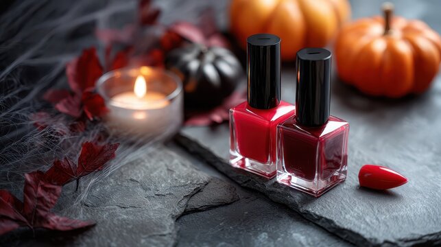 Halloween-themed red nail polish with pumpkins and candlelight - Powered by Adobe