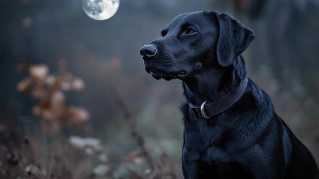 Dark night with full moon. Dog looking up at the sky.
