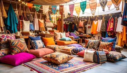 Colorful Pillows and Textiles Displayed at Market or Store