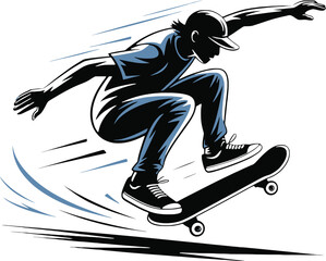 Dynamic illustration of a skateboarder performing a trick in mid air