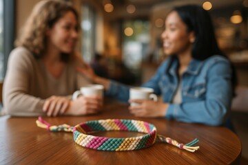 Two women share coffee and conversation at a cafe. A colorful woven friendship bracelet lies on the table.