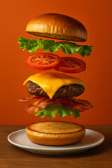 Delicious cheeseburger with layers of bacon, lettuce, and tomatoes on a vibrant orange background