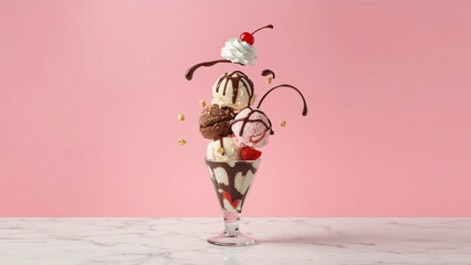 Colorful dessert creation featuring scoops of ice cream and toppings against a pink backdrop