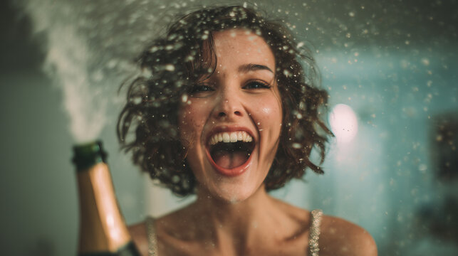 Celebration moment with woman joyfully opening champagne indoors at a festive gathering