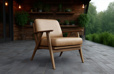 Mid century inspired chair on a cozy patio with natural wood walls and lush green garden atmosphere