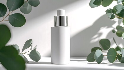 Cosmetic Bottle Mockup with Eucalyptus Leaves and Minimalist Design