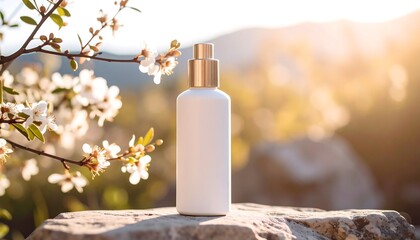 Cosmetic Bottle on Stone with Blossoms in Outdoor Setting
