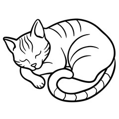 Simple line drawing of a tabby cat sleeping curled up