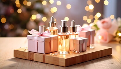 Cosmetic Bottles and Gift Boxes on Wooden Tray with Bokeh Lights