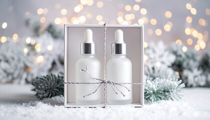 Cosmetic Bottles Gift Set with Festive Winter Holiday Background