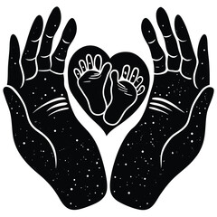 Obraz premium Black Silhouette Hands Cupping Heart Shaped Baby Feet With Speckled Texture love
