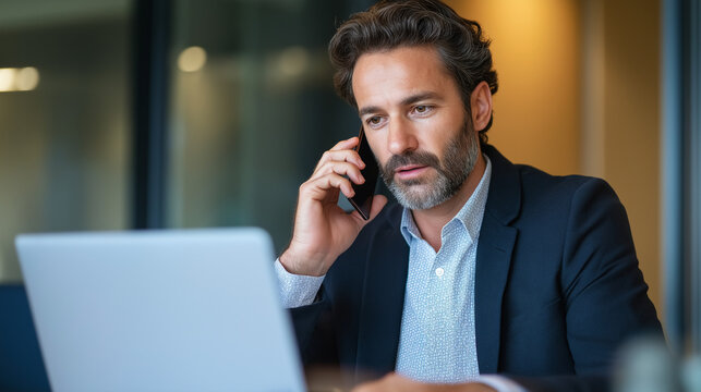 Focused businessman multitasking on important phone call in office