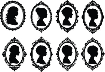 Vintage female silhouette portraits collection, Victorian lady cameos in ornate oval frames, antique style vector illustration for elegant decoration use