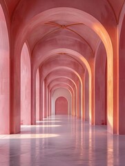 Minimalist peach and pink arches on a white reflective floor in a modern elegant space