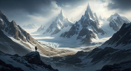 A solitary explorer bravely navigates the vast, unforgiving expanse of a snow-covered alpine range featuring dramatic