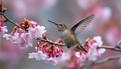 Fototapeta premium A hummingbird hovers amidst a profusion of delicate pink cherry blossoms