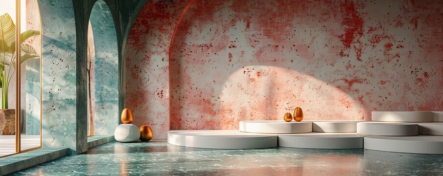 Modern minimalist interior with Sonos One speakers and green marble accents in an artfully designed space