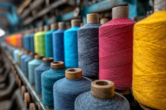 Colorful Spools of Yarn and Thread Lined Up on a Textile Machine in a Factory Setting