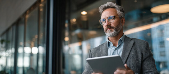 Busy Mature Executive: Standing and Working on a Finance Project
