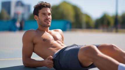 Fit muscular man doing crunches on outdoor basketball court, exercise