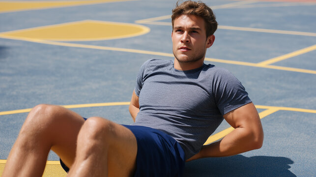 Fit muscular man doing crunches on outdoor basketball court - Powered by Adobe