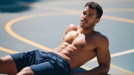 Fit muscular man doing crunches on outdoor basketball court