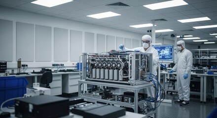 Sounddampened climatecontrolled fabrication space for assembling sensitive railgun capacitor storage units.