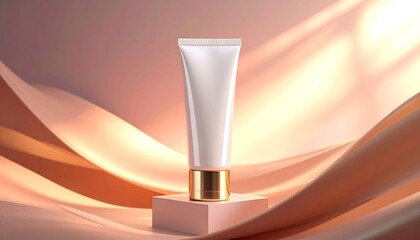 Cosmetic Tube Mockup on Podium with Elegant Fabric Backdrop